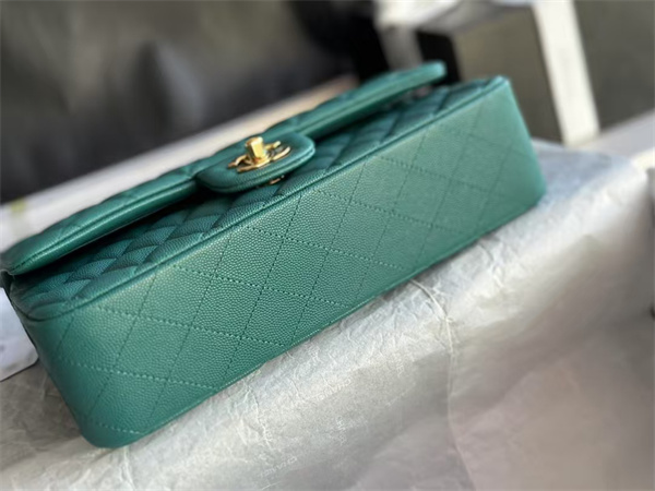 Ch*el medium classic flap bag grained calfskin gold tone metal green 01112