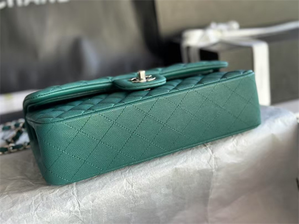 Ch*el medium classic flap bag grained calfskin silver tone metal green 01112