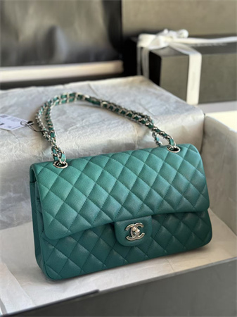 Ch*el medium classic flap bag grained calfskin silver tone metal green 01112