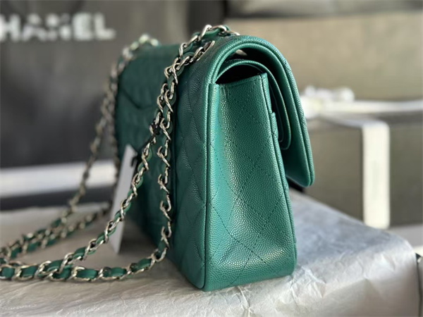 Ch*el medium classic flap bag grained calfskin silver tone metal green 01112