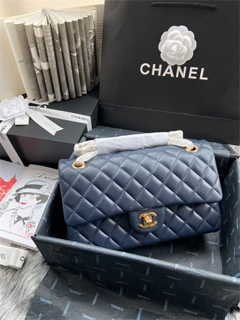 Ch*el medium classic flap bag lambskin gold tone metal navy 01112