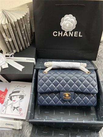 Ch*el medium classic flap bag lambskin gold tone metal navy 01112