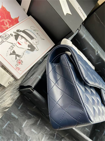 Ch*el medium classic flap bag lambskin silver tone metal navy 01112