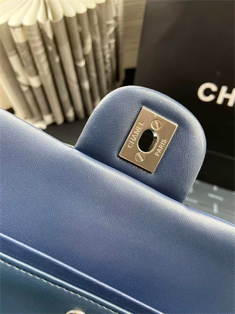 Ch*el medium classic flap bag lambskin silver tone metal navy 01112