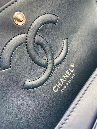Ch*el medium classic flap bag lambskin silver tone metal navy 01112