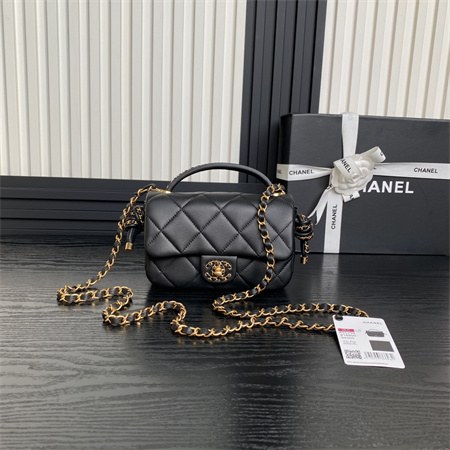 Ch*el mini flap bag with top handle lambskin gold tone metal black color as5298