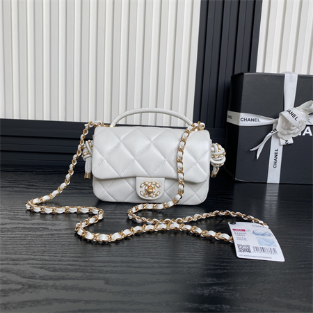 Ch*el mini flap bag with top handle lambskin gold tone metal white color as5298