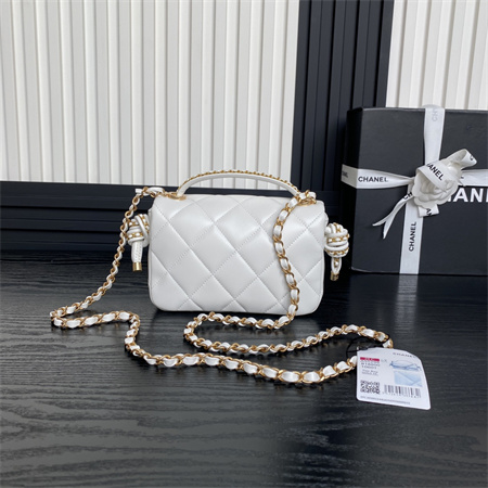 Ch*el mini flap bag with top handle lambskin gold tone metal white color as5298