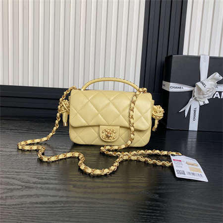 Ch*el mini flap bag with top handle lambskin gold tone metal yellow color as5298