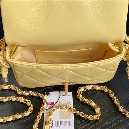 Ch*el mini flap bag with top handle lambskin gold tone metal yellow color as5298