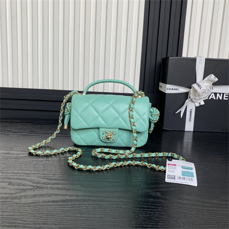 Ch*el mini flap bag with top handle lambskin gold tone metal green color as5298