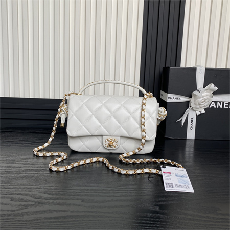 Ch*el flap bag with top handle lambskin gold tone metal white color as5317
