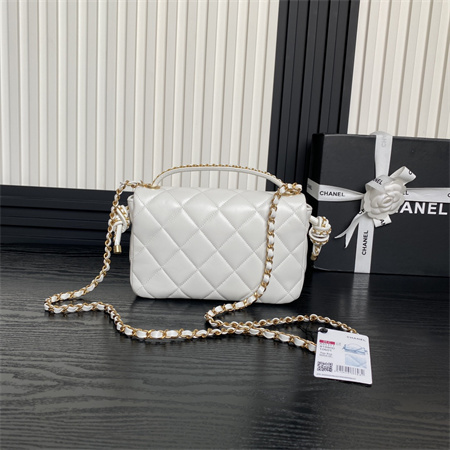 Ch*el flap bag with top handle lambskin gold tone metal white color as5317