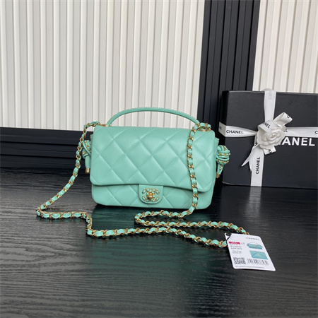 Ch*el flap bag with top handle lambskin gold tone metal green color as5317