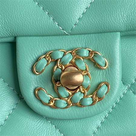 Ch*el flap bag with top handle lambskin gold tone metal green color as5317