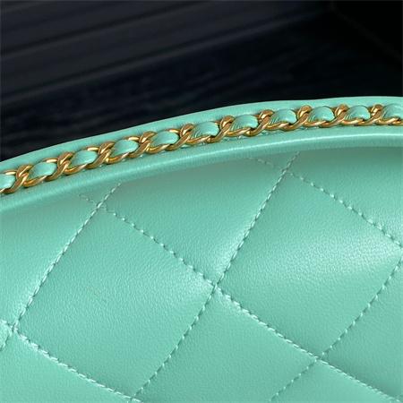 Ch*el flap bag with top handle lambskin gold tone metal green color as5317