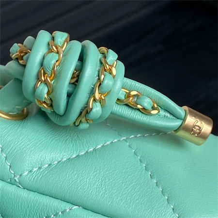 Ch*el flap bag with top handle lambskin gold tone metal green color as5317