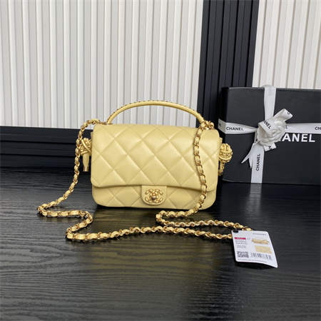 Ch*el flap bag with top handle lambskin gold tone metal yellow color as5317