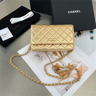 Ch*el wallet on chain lambskin gold tone metal gold ap0250