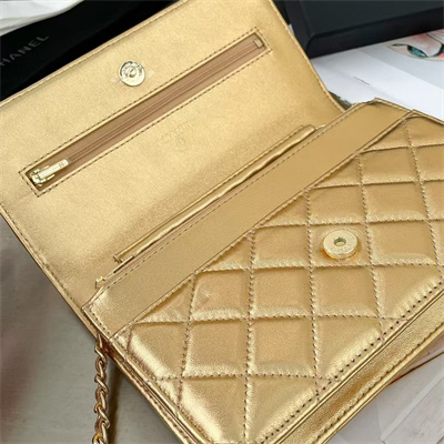 Ch*el wallet on chain lambskin gold tone metal gold ap0250