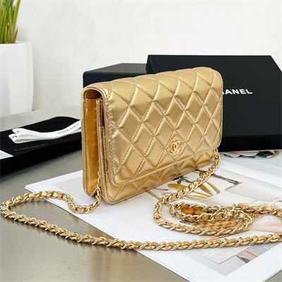 Ch*el wallet on chain lambskin gold tone metal gold ap0250