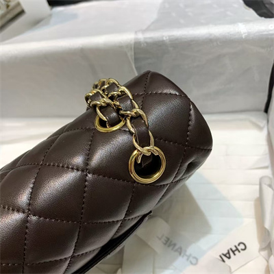 Ch*el medium classic flap bag lambskin gold tone metal dk brown 01112