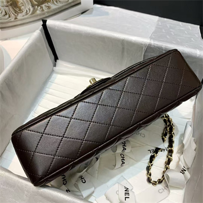 Ch*el medium classic flap bag lambskin gold tone metal dk brown 01112