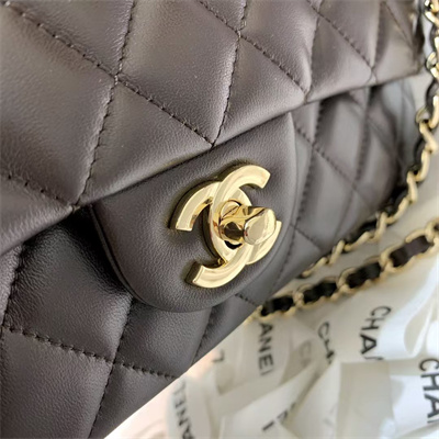 Ch*el medium classic flap bag lambskin gold tone metal dk brown 01112