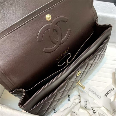 Ch*el medium classic flap bag lambskin gold tone metal dk brown 01112