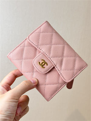 Ch*el small flap wallet tri-fold grained calfskin gold tone metal pink a82288