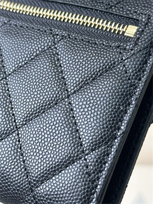 Ch*el small flap wallet tri-fold grained calfskin gold tone metal black a82288