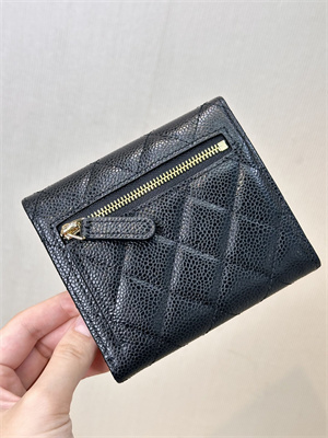 Ch*el small flap wallet tri-fold grained calfskin gold tone metal black a82288 (big grain)