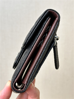 Ch*el small flap wallet tri-fold grained calfskin silver tone metal black a82288 (big grain)