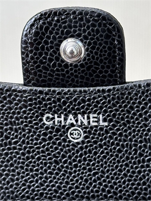 Ch*el small flap wallet tri-fold grained calfskin silver tone metal black a82288 (big grain)