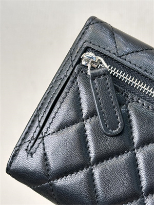 Ch*el small flap wallet tri-fold lambskin silver tone metal black a82288