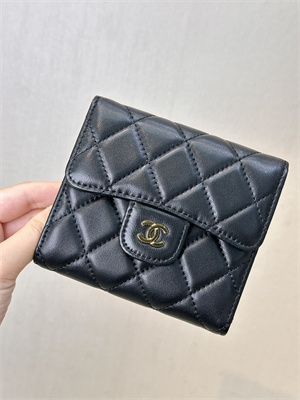 Ch*el small flap wallet tri-fold lambskin gold tone metal black a82288