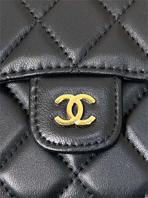 Ch*el small flap wallet tri-fold lambskin gold tone metal black a82288