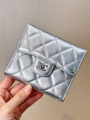 Ch*el small flap wallet tri-fold lambskin silver tone metal silver a82288