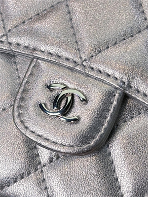 Ch*el small flap wallet tri-fold lambskin silver tone metal silver a82288