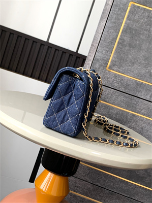 Cha.nel Mini Classic Flap Bag Denim Gold Tone Metal 01116