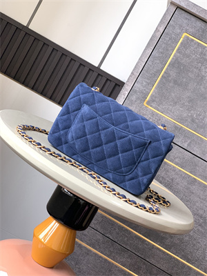 Cha.nel Mini Classic Flap Bag Suede Gold Tone Metal Blue 01116