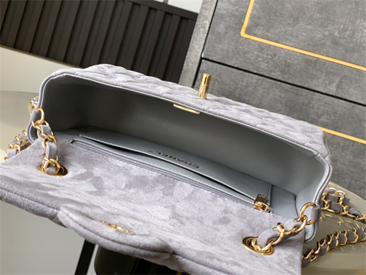 Cha.nel Mini Classic Flap Bag Suede Gold Tone Metal Grey 01116