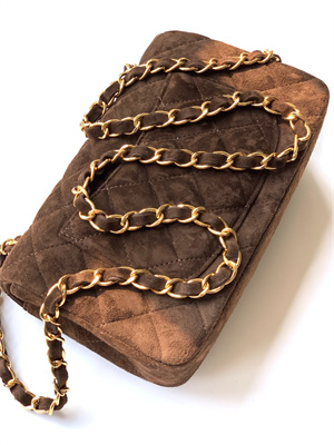 Cha.nel Mini Classic Flap Bag Suede Gold Tone Metal Coffee 01116