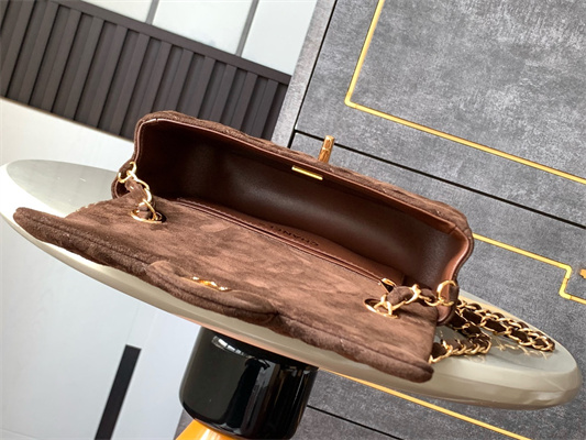 Cha.nel Mini Classic Flap Bag Suede Gold Tone Metal Coffee 01116