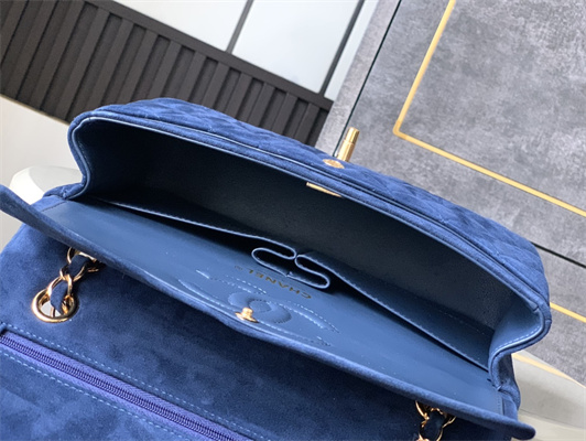 Cha.nel Medium Classic Flap Bag Suede Gold Tone Metal Blue 01112