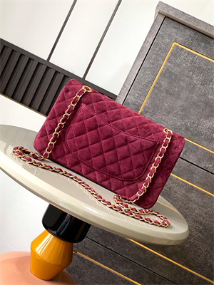 Cha.nel Medium Classic Flap Bag Suede Gold Tone Metal Burgundy 01112