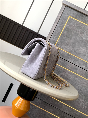 Cha.nel Medium Classic Flap Bag Suede Gold Tone Metal Grey 01112