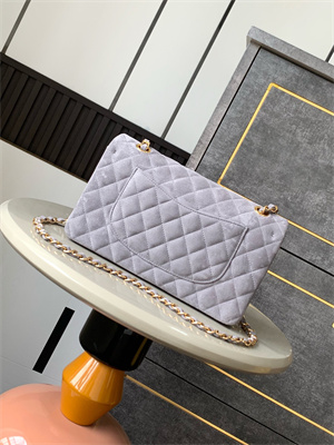 Cha.nel Medium Classic Flap Bag Suede Gold Tone Metal Grey 01112