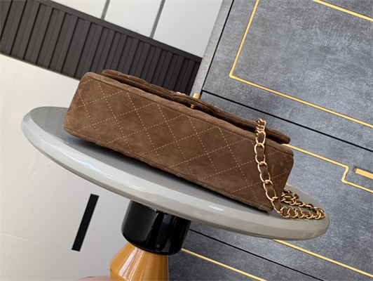 Cha.nel Medium Classic Flap Bag Suede Gold Tone Metal Brown 01112