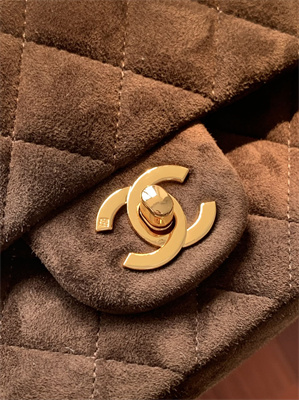 Cha.nel Medium Classic Flap Bag Suede Gold Tone Metal Coffee 01112